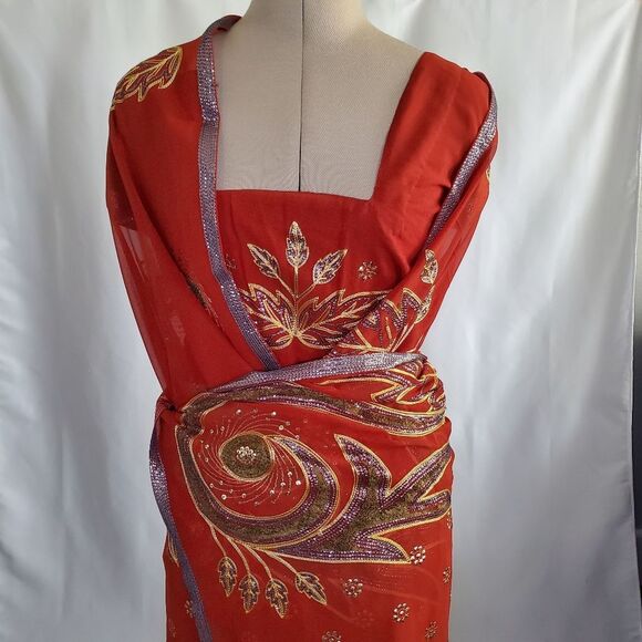 Handmade Women’s Saree & Choli Small Red Brown Silver Gold Embroidered Sequins - Picture 4 of 11